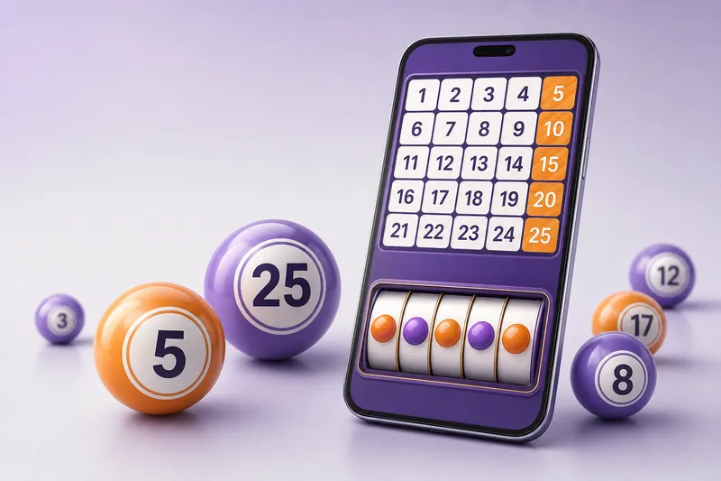 A phone showing a five by five number grid with a row of reels underneath and daubed squares