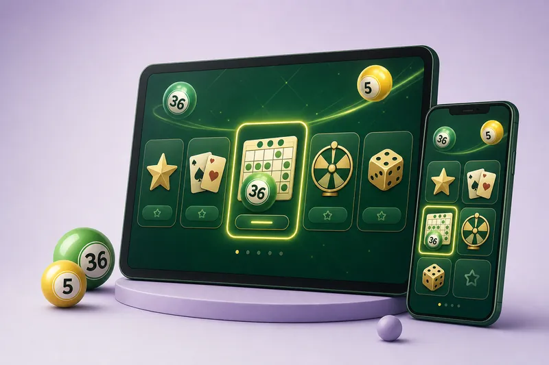 A dark green tablet and phone showing a casino-style lobby with a bingo tile highlighted
