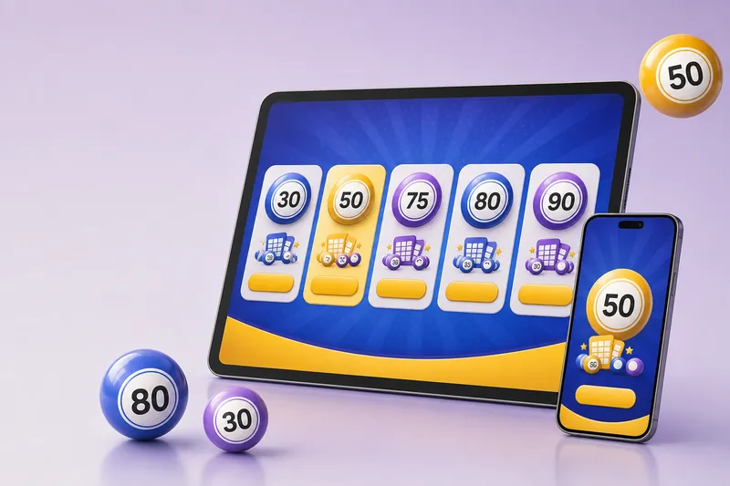 A tablet and a phone showing a blue and yellow bingo lobby with five room cards