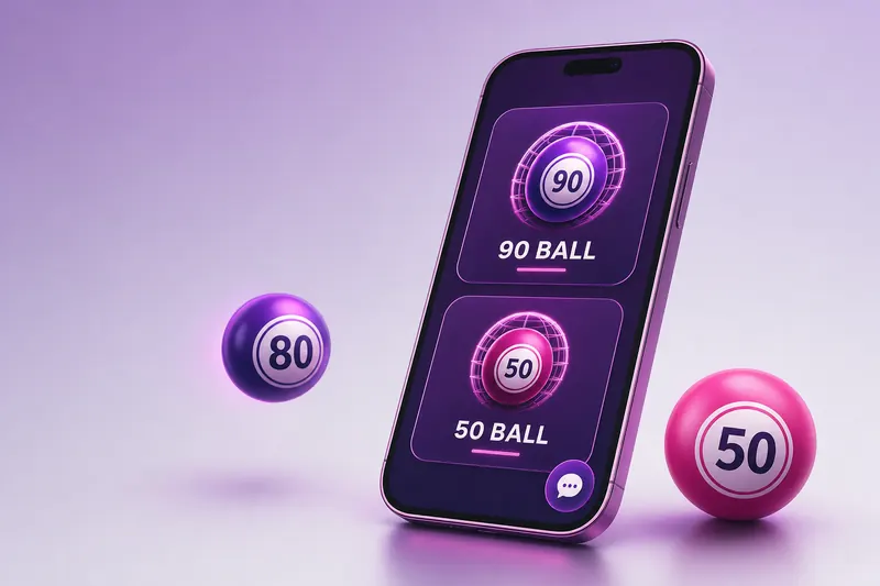 A phone showing a purple and magenta bingo lobby with 90-ball and 50-ball room cards and a chat bubble