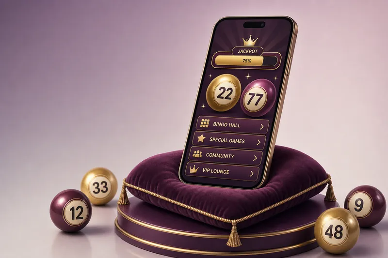 An elegant phone on a plum cushion showing a plum and gold bingo lobby with a jackpot bar