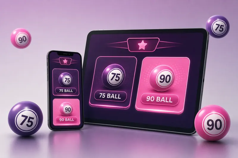 A phone and tablet showing a dark purple and pink bingo lobby with a jackpot banner